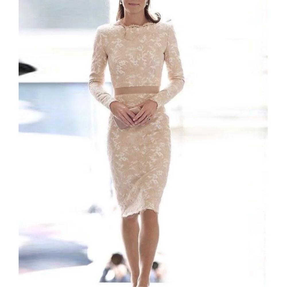 Princess Kate Lace Knee Length Dress Elegant Women's Long Sleeves Vintage Slim Casual Party Workplace Office Female Pencil Dress