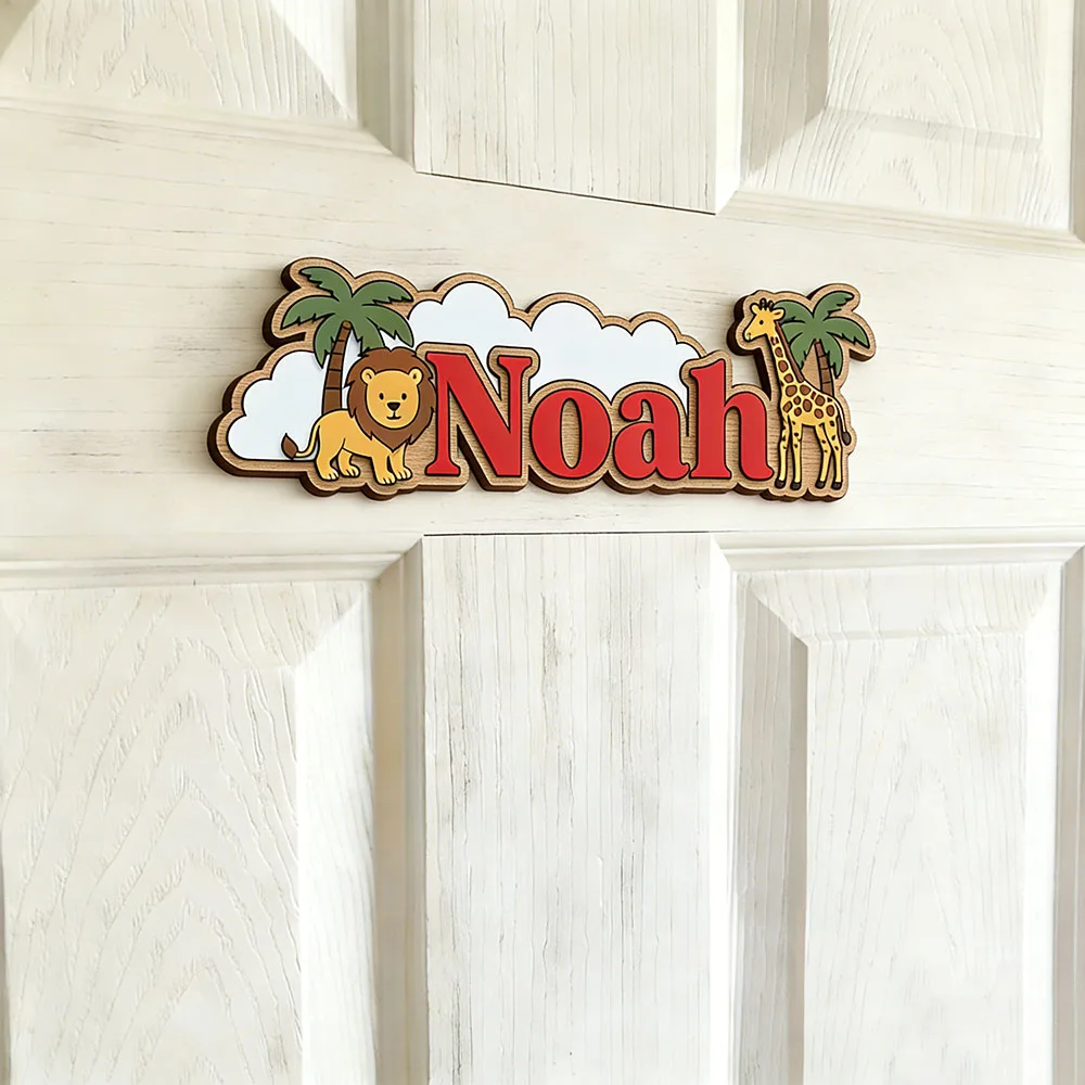 Whimsical Jungle Friends Custom Name Plaque, Cute Lion & Giraffe 3D Wooden Sign, Unisex Kids Room Decor, Tropical Safari Nursery view 4