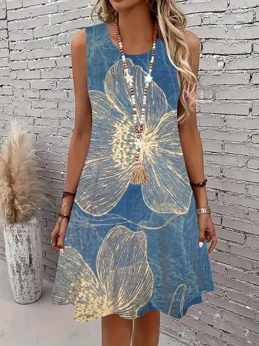 

Floral Print Sleeveless Dress Large Flower Pattern Loose Fit Casual Everyday Wear
