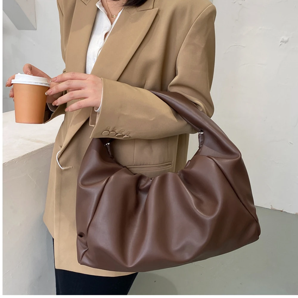 Women Handbags PU Leather Shoulder Bags Top-Handle Bag Mini Hobo Pleated Ruched Trendy Purse Underarm Clutch Large