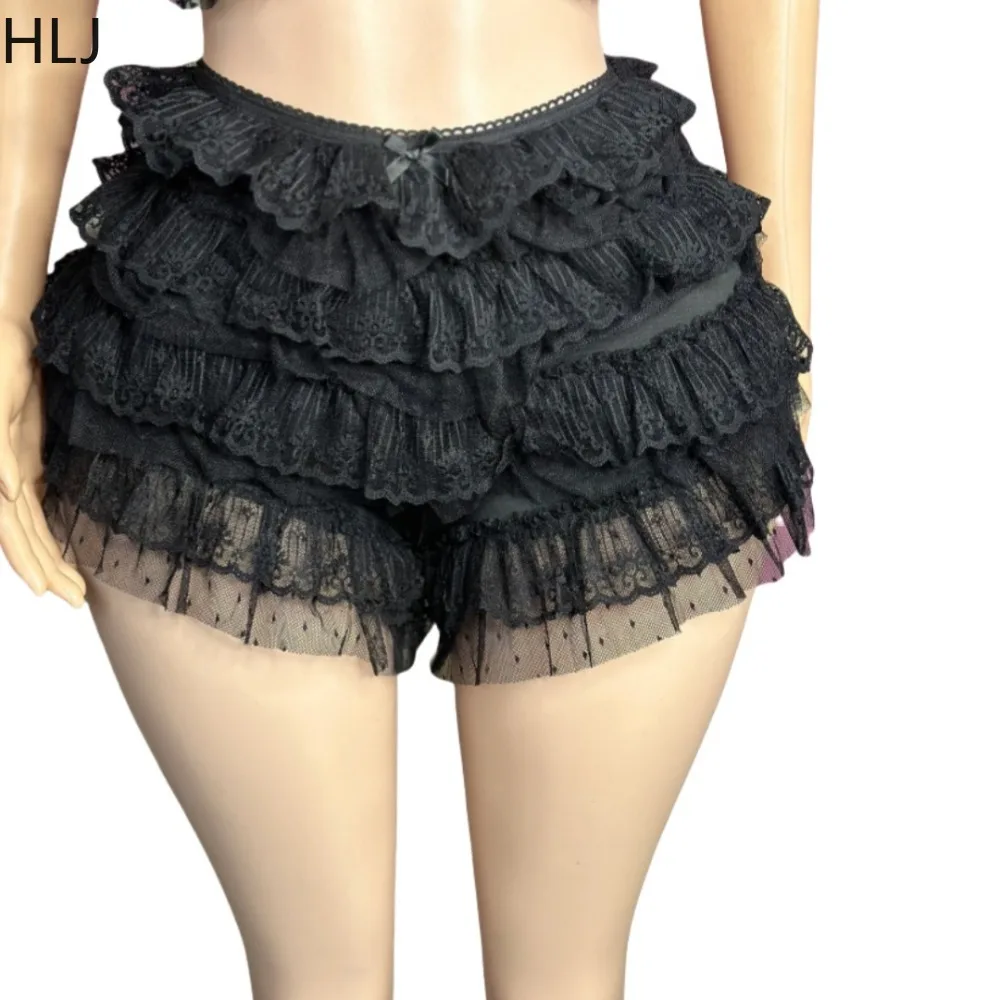 HLJ Lace Sexy Embroidery Sheer Two Piece Sets For Women Thin Strap Tank Top And Ruffle Mini Skirts Shorts Outfits Party Clubwear