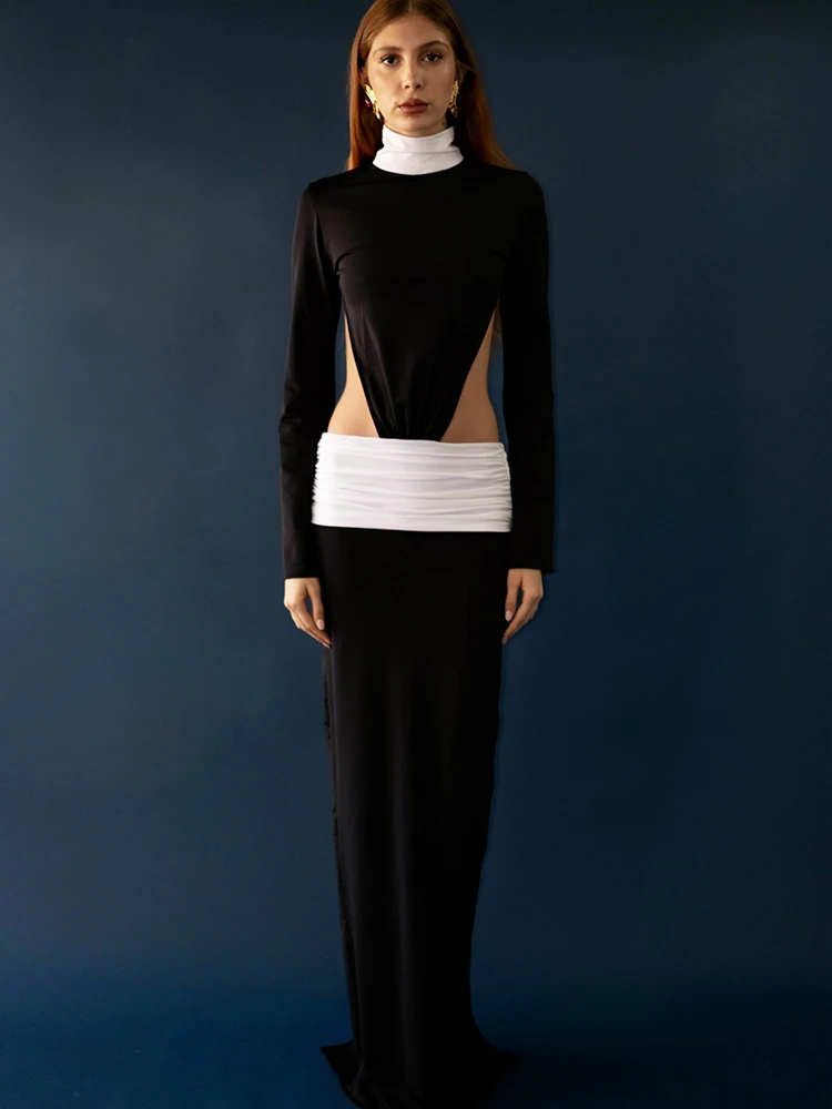 Mozision عارية الذراعين كم طويل مثير فستان ماكسي المرأة ثوب قطع المرقعة الياقة المدورة Ruched Bodycon نادي فستان طويل للحفلات