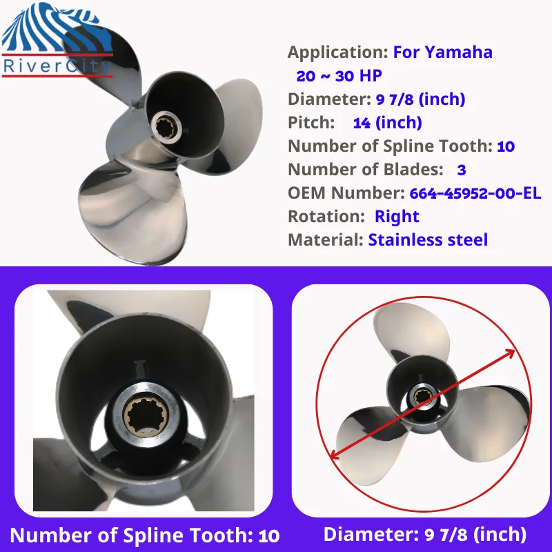 For Yamaha 20HP 25HP 30HP Outboard Propeller 9 7/8x14 Boat Motor Stainless Steel Screw Ship Marine Engine 3 Blade 10 Spline