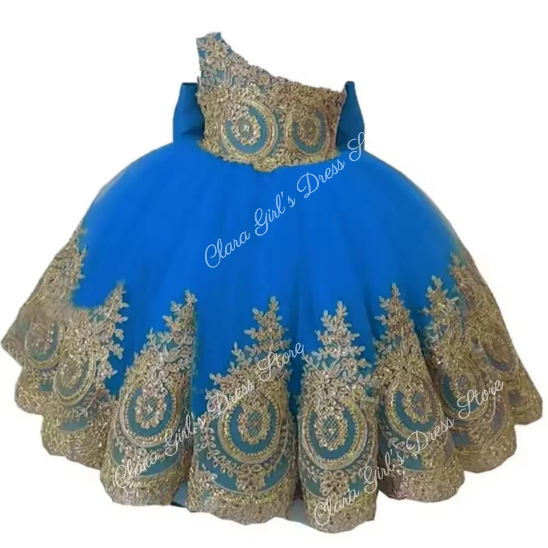 

Платье с цветочным узором для девочек по индивидуальному заказу, тюлевое платье с золотыми аппликациями на одно плечо для свадьбы, дня рождения, платье для святого причастия