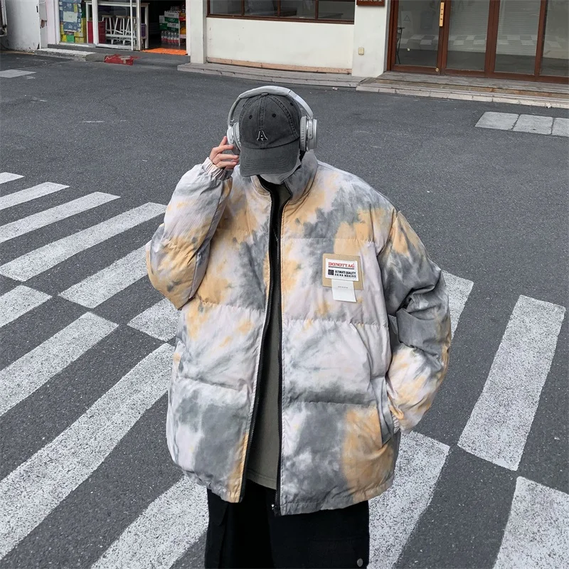 YASUGUOJI Japanese College Hip Hop Tie-dyed Double Sided Wear Winter Parkas Coat Men Streetwear Thicken Down Cotton Jackets Men