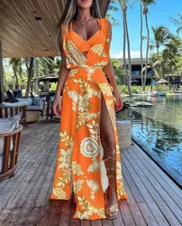 Sexy Women Sleeveless Plunge High Slit Maxi Sexy Dress with Bra Top 2023 Summer Femme Robe Casual Lady Dress Clothing