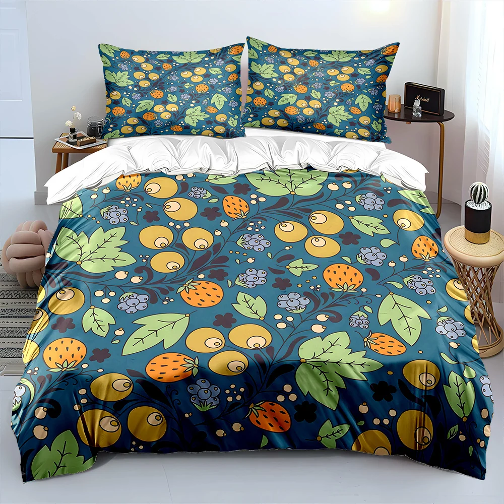 Colorful hand-drawn fruits and leaves Print Bedding Set 1Duvet Cover 2Pillowcases for Adult and Children Luxury Gift Full Size