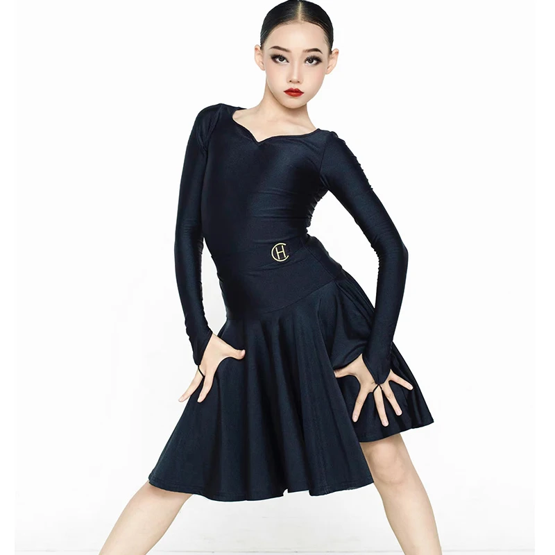 

2024 Kids Latin Dance Competition Dress For Girls Black Long Sleeved Skirts Suit Chacha Latin Dance Performance Dress DQS9830