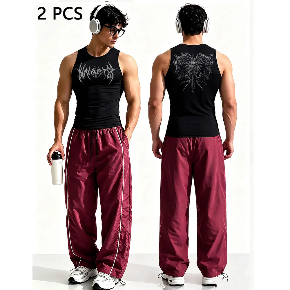 Conjunto de 2 piezas de estilo gótico para hombre, camiseta sin mangas con estampado gráfico y pantalones holgados con rayas laterales, ideal para el gimnasio, para uso urbano o como atuendo informal.