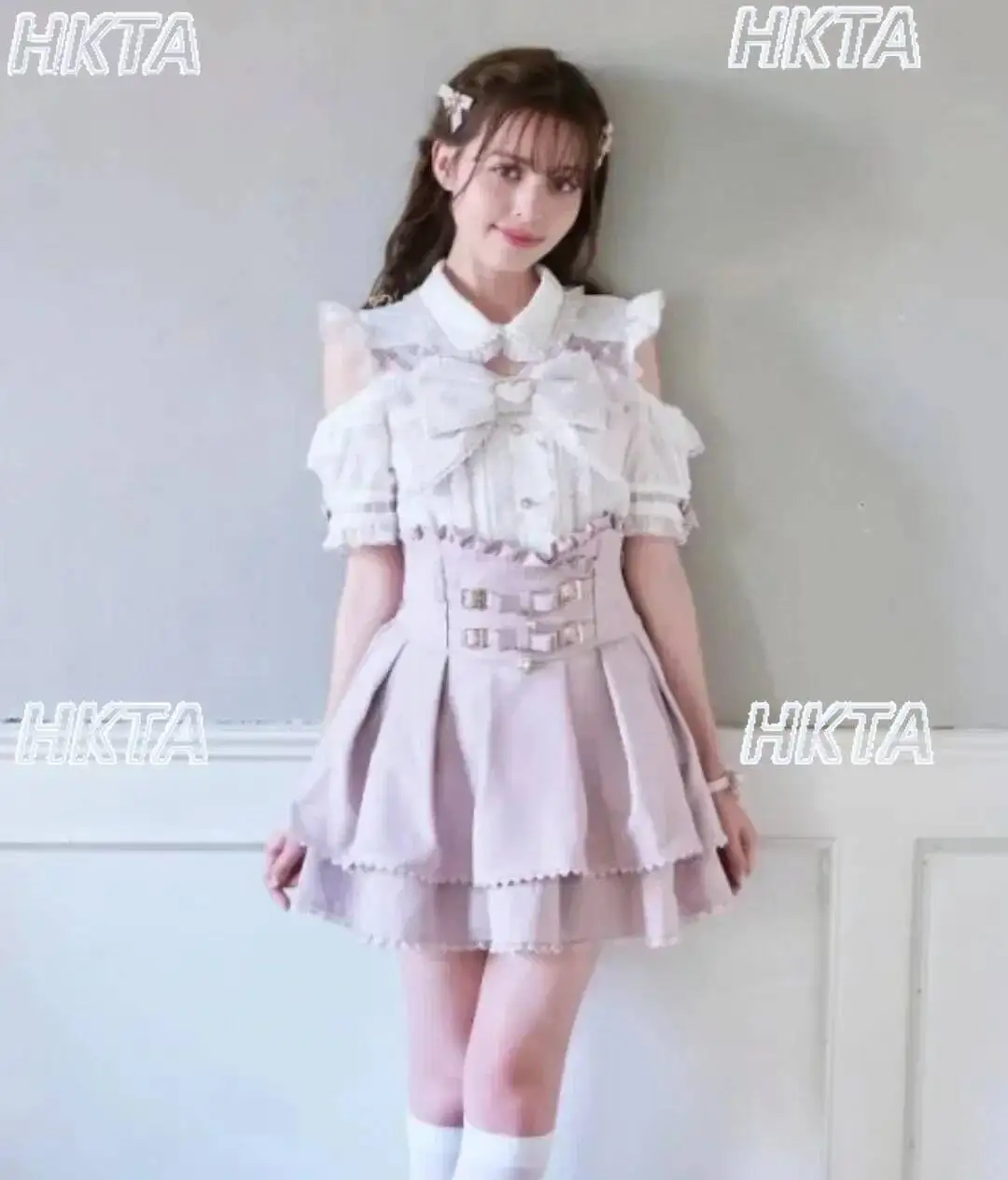 Japonês liz mina camisa feminina verão fora do ombro grande arco manga curta topo bonito menina bluseshigh cintura 2 peça saia conjunto