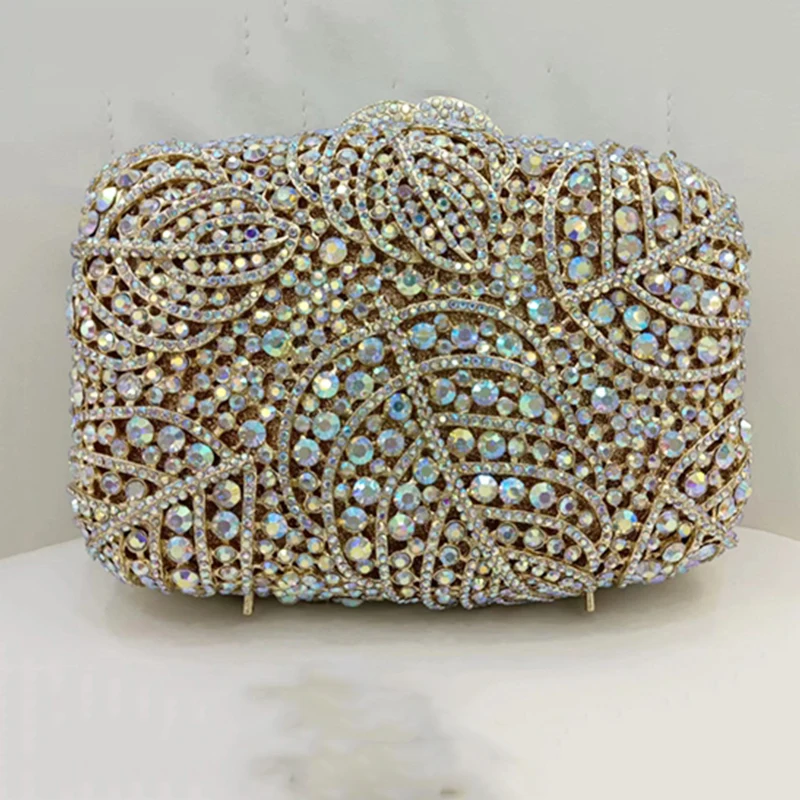 

Gold Metal AB Rhinestone Evening Wedding Bag Large Leaves Women Bridal Formal Clutches Lady Party Dinner Handbags Prom Purses