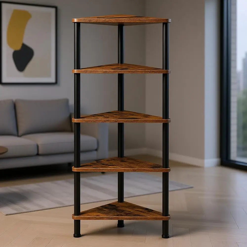 

5-ярусный металлический и деревянный промышленный стеллаж, идеально подходит для небольших помещений, цвет рустик-коричневый