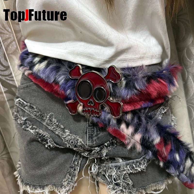 Harajuku Steampunk Women's Y2K The Spice Girl pearl American Vintage Dark belt Grab Skull metal decorative fluffy waist chain