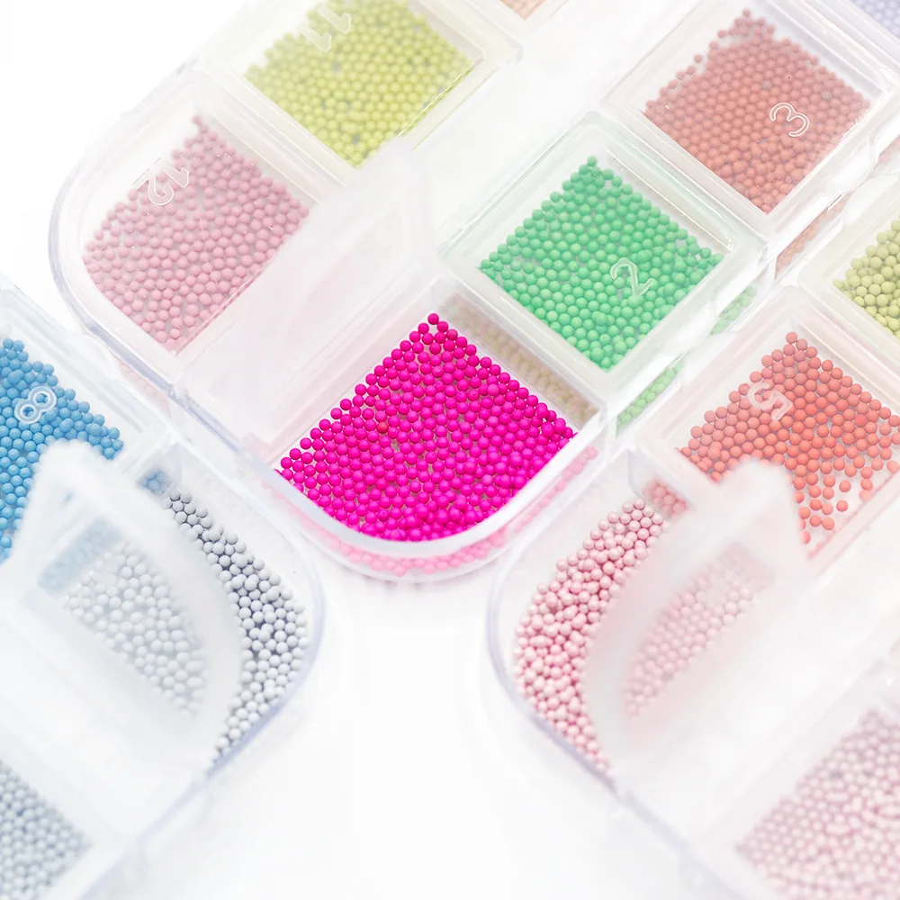 12 Grid Box Nail Accessories Macaron Colored Steel Balls 1mm Round Bubble Beads Candy Color Nail Decorations