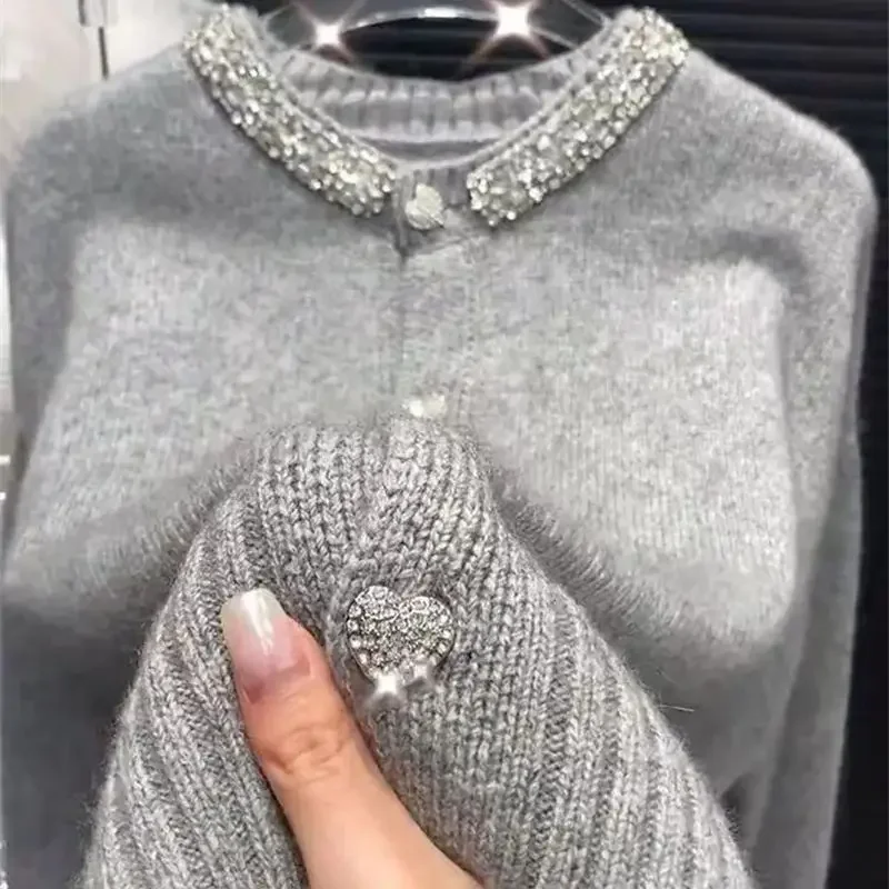 Cardigan en Cachemire à Manches sulfet Col Rond pour Femme, Vêtement Luxueux, Élégant, avec Perles et Diamants, Style Décontracté, Nouvelle Collection Automne