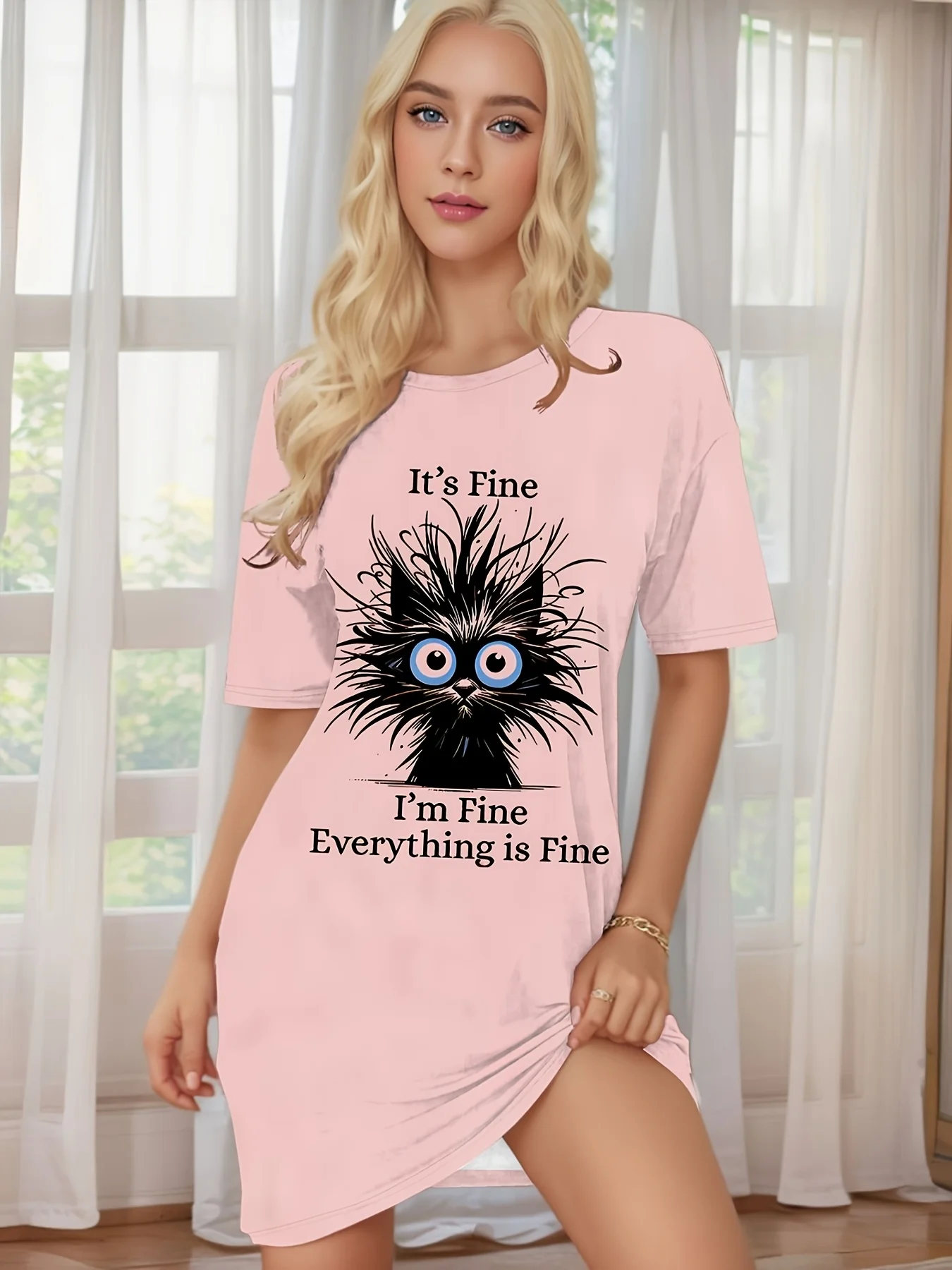 Zabawny wzór z kotem i nadrukem: "Jestem dobrze, wszystko jest dobrze", krótka damska sukienka oversize z imitacji bawełny, okrągły dekolt, odzież domowa.