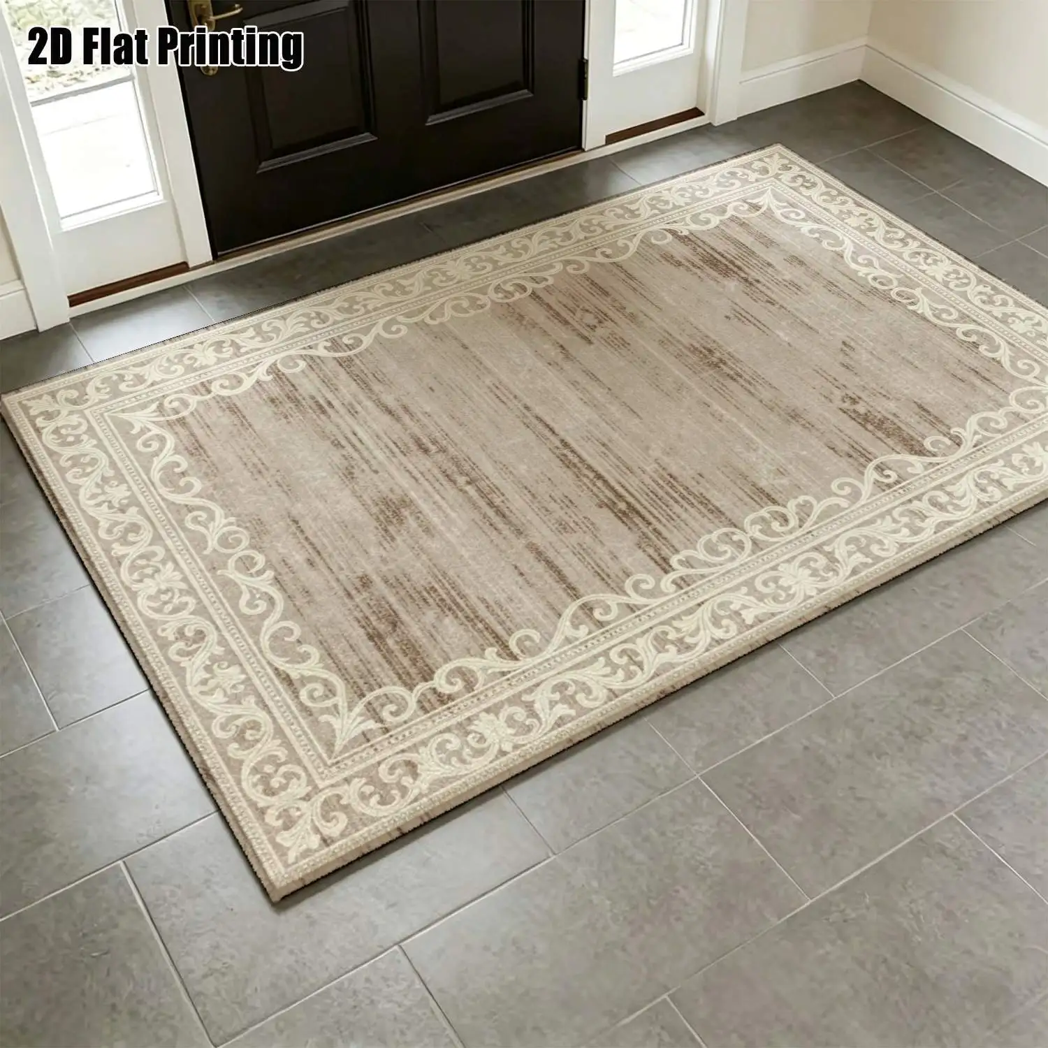 1Pc 2D Printed Carpet: Light Brown Scroll-Patterned Border, Retro & Modern Minimalist Design Multi-Size, Machine Washable, Ideal for Home Decor, Multi-Scene Use.