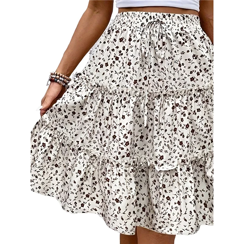 

Women's Floral Print Ruffle Hem Elastic High Waist Tie Front Skirt