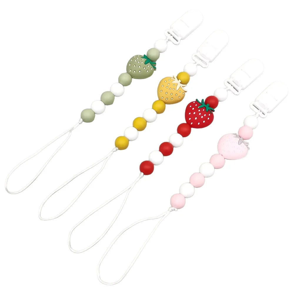 

White Plastic Pacifier Clips Holder Chain Silicone Strawberry Baby Teether Teething Toy Gift