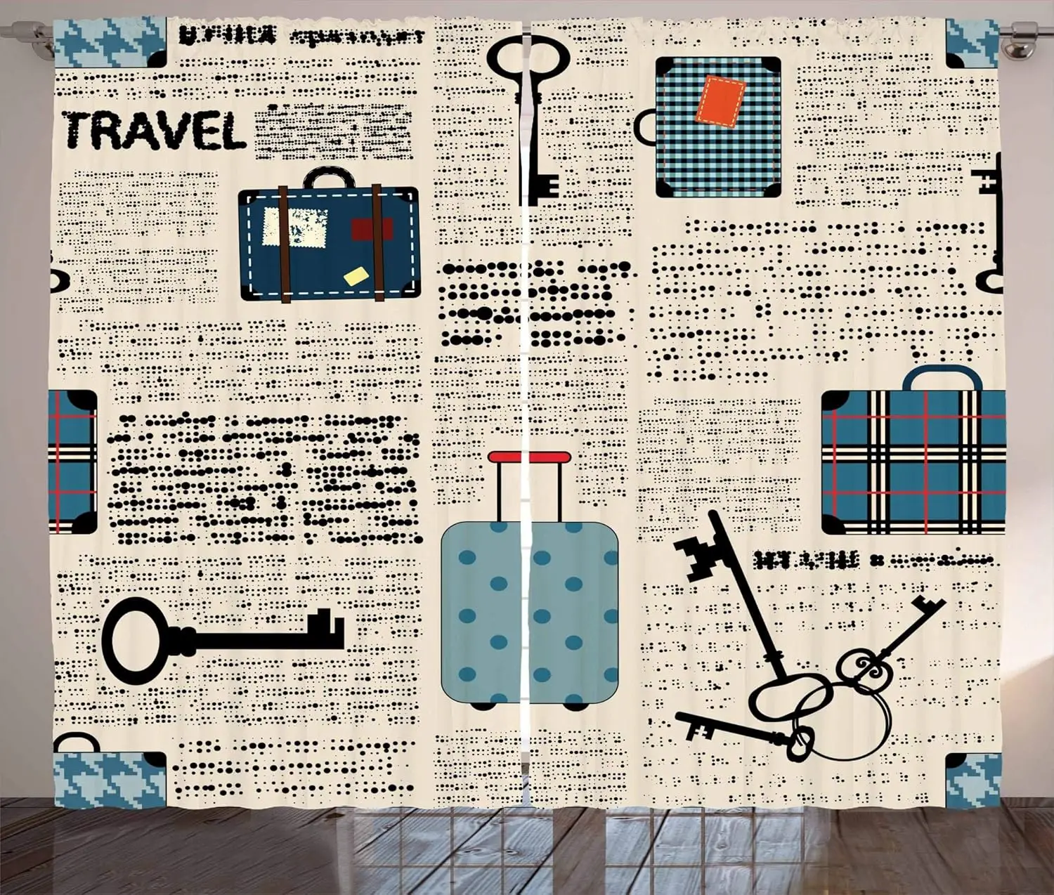Travel Theme Suitcase Key Print Curtains Vintage Newspaper Background Design for Living Room Study Home Decor