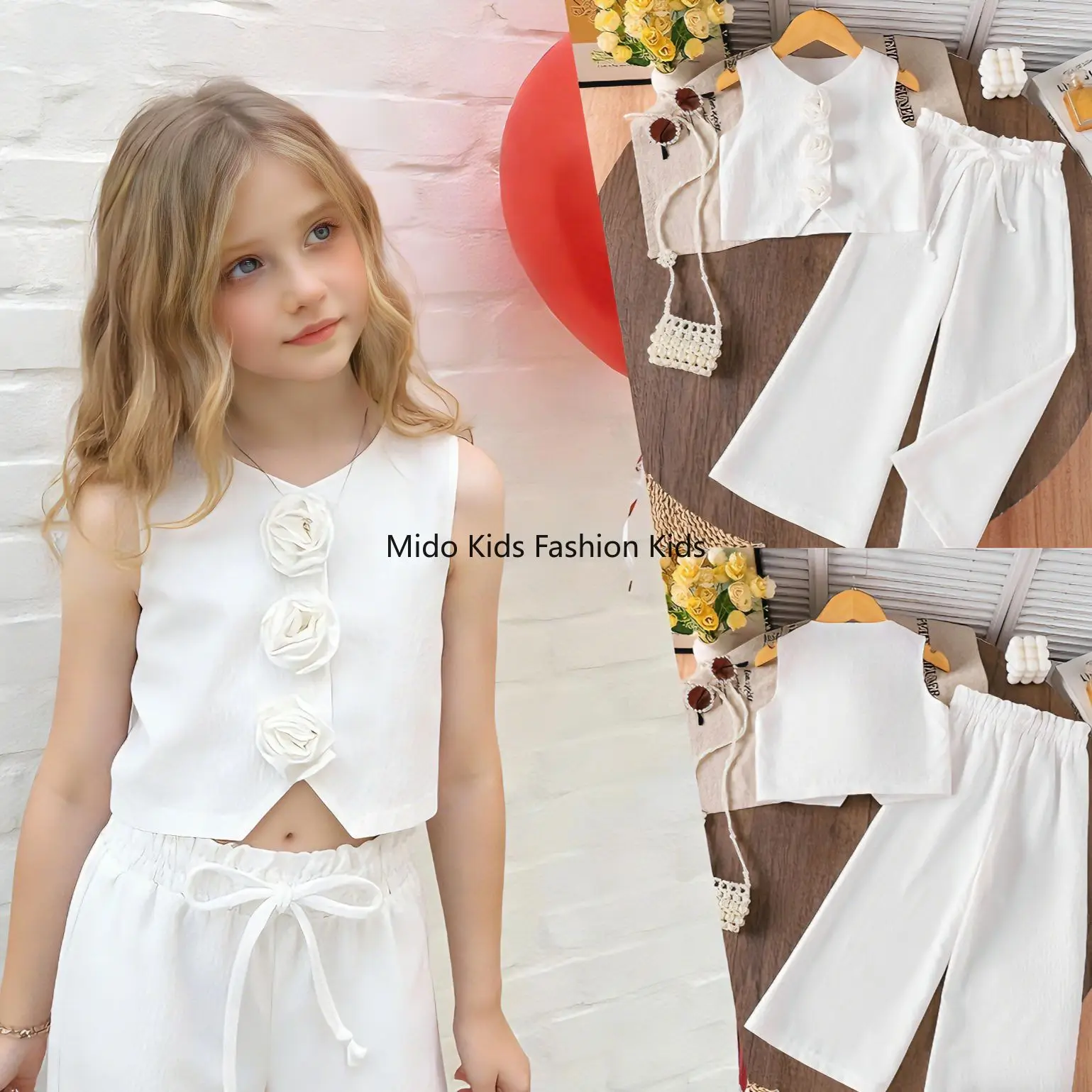 2026 Summer White 3D Flower Matching Pants Set for Kids, Soft Gentle Style Toddler Girls Clothing for 4-7Y