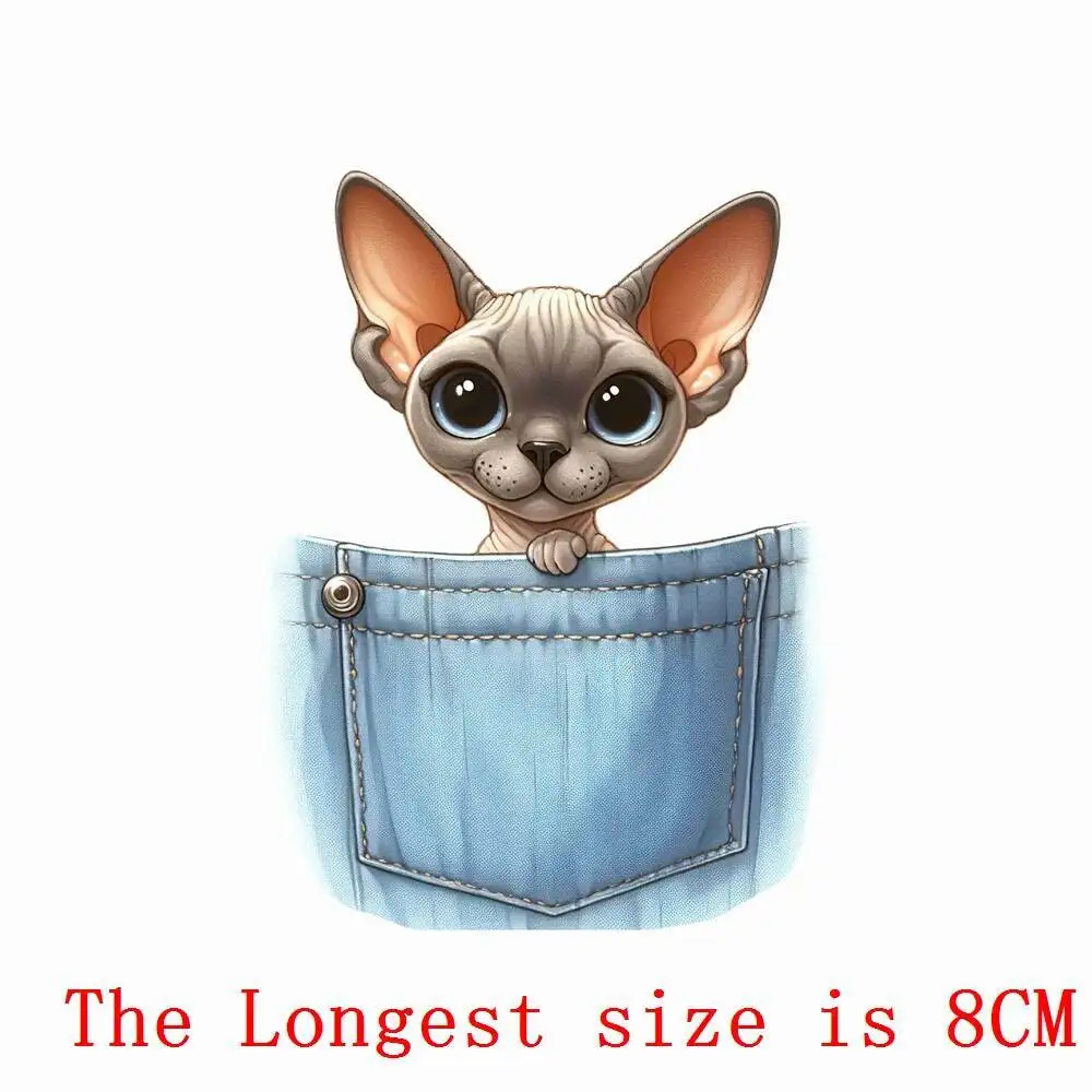 8cm New Pocket Cats Animals Iron On Heat Transfer Stickers For Clothes DTF Pinted Vinyl Thermal Appliques Washable T-Shirt Decal