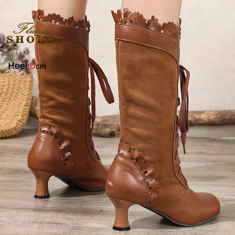 الرجعية الشتاء البني المرأة فارس الأحذية الركبة الجبهة الدانتيل يصل منتصف العجل الأحذية جولة تو كشكش تقليم لوليتا منتصف طول الأحذية حجم 46