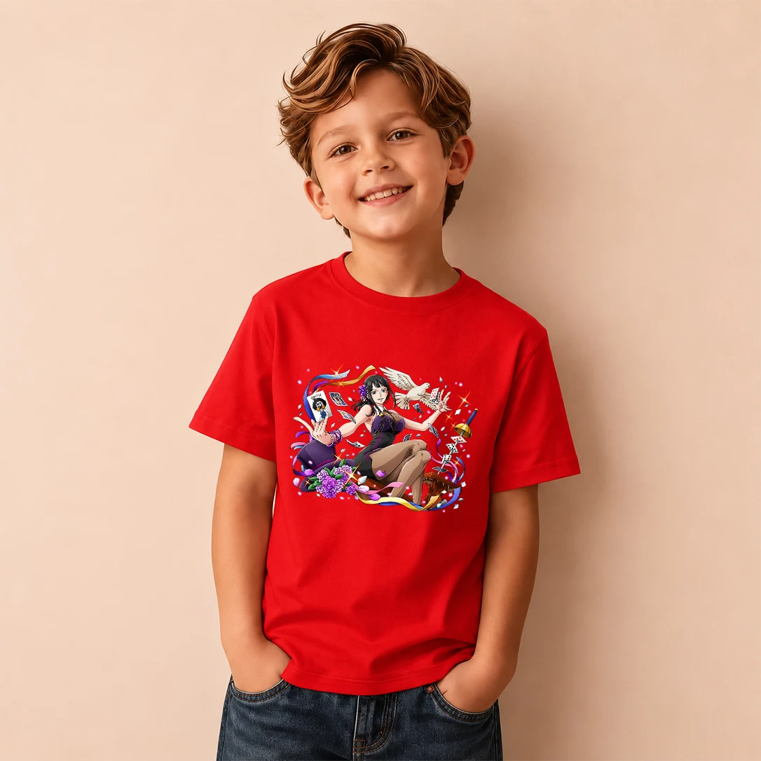 Kids T‑Shirt One Piece Nico Robin Magic Card Print Short Sleeve Casual Tops Boys Girls Anime Children Daily Wear Tees