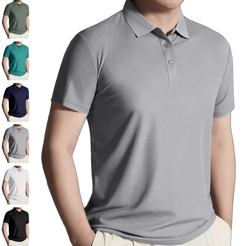 Men's Solid Polo Shirt Short Sleeve Turn‑Down Collar 2‑Button Placket Business Casual Summer Tops