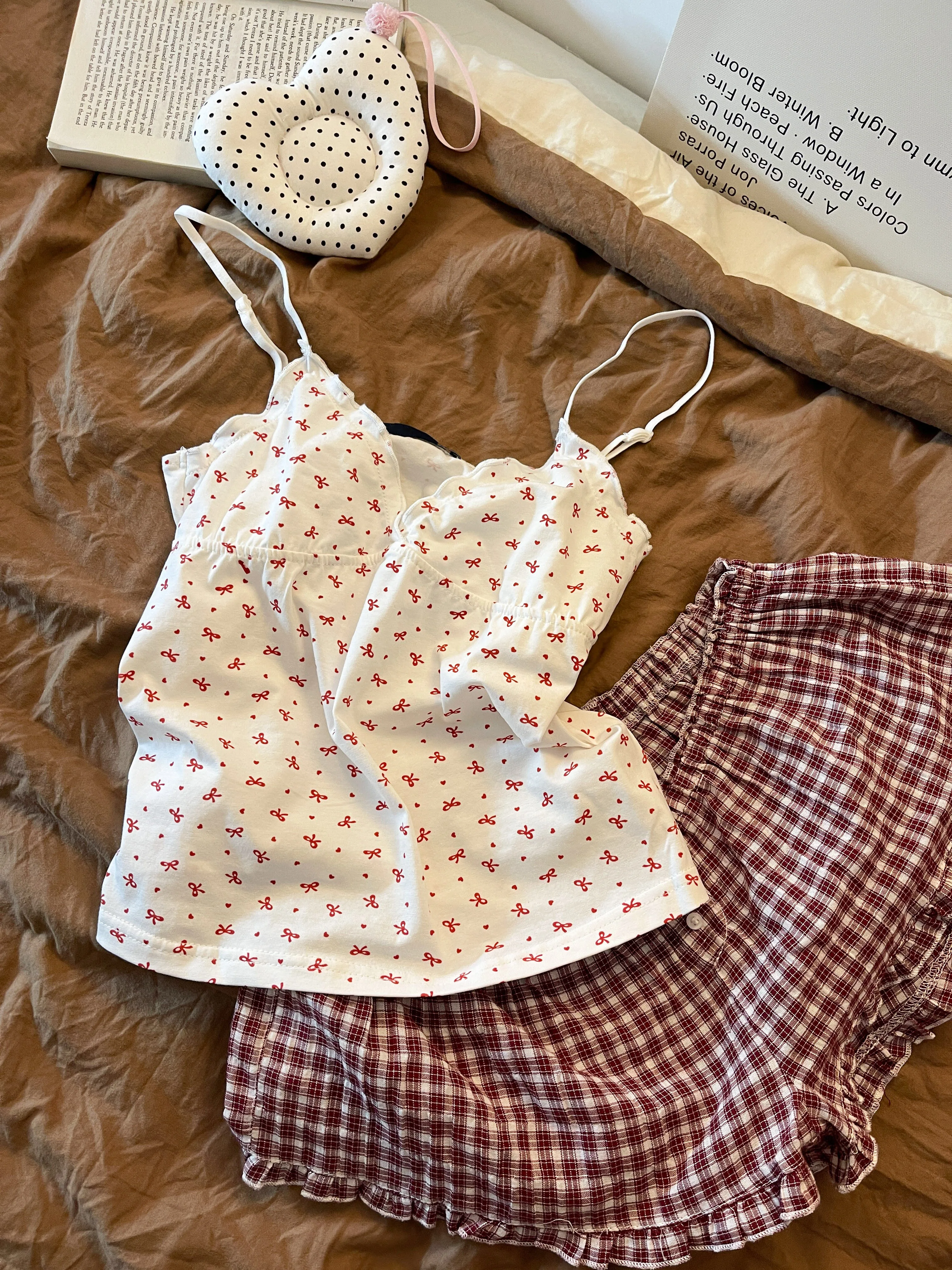 Sweet Style  Knot Lace Strap Sleepwear Women's Summer Comfortable Shorts Home Clothes Two-Piece Set Breathable Material
