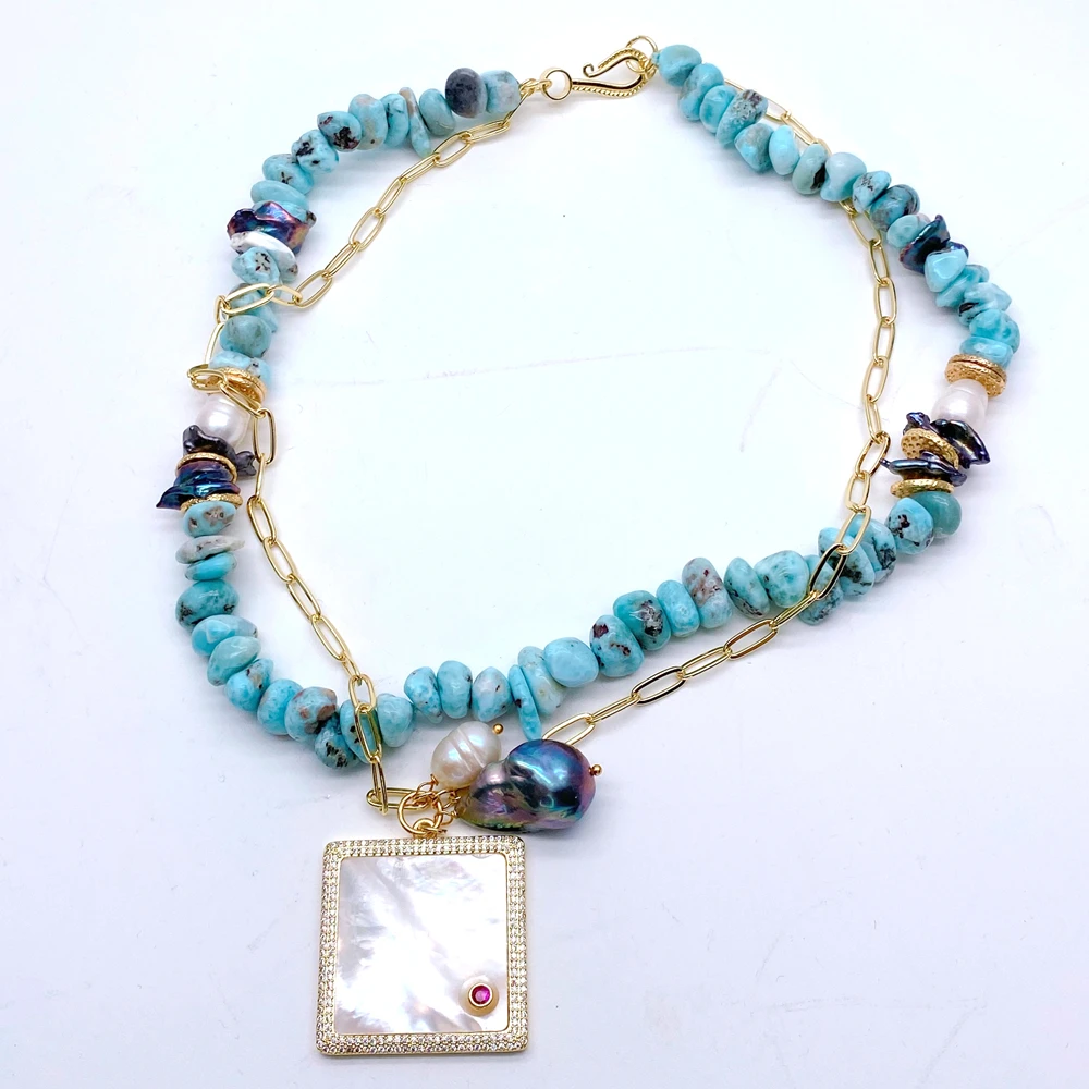 YYGEM CZ pave white square shell pendant   6x11mm Blue Larimar nugget chain  Chain Choker Necklace