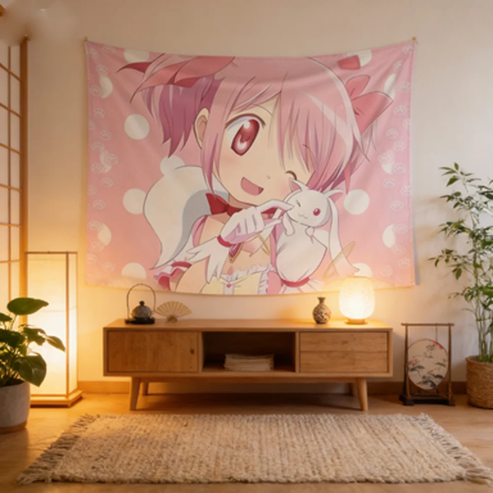1pc Kawaii Pink Madoka Magica Tapestry, Pastel Polka Dot Print, Cool Room Stuff, Large Size, Polyester 2D Wall Art, Bedroom Stuf