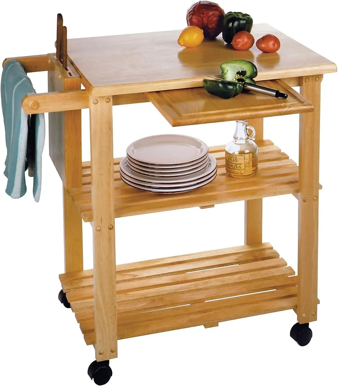 Wood Mario Kitchen Natural Includes Cutting Board Knife Holders 2 Shelves Holder for Cloth or Dish Towel Casters