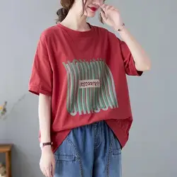 100% Cotton T Shirts Women Fashion Printed Oversized T-shirt Casual Loose Half Sleeve Tops Summer Trendy Thin Tshirt Y2k Clothes