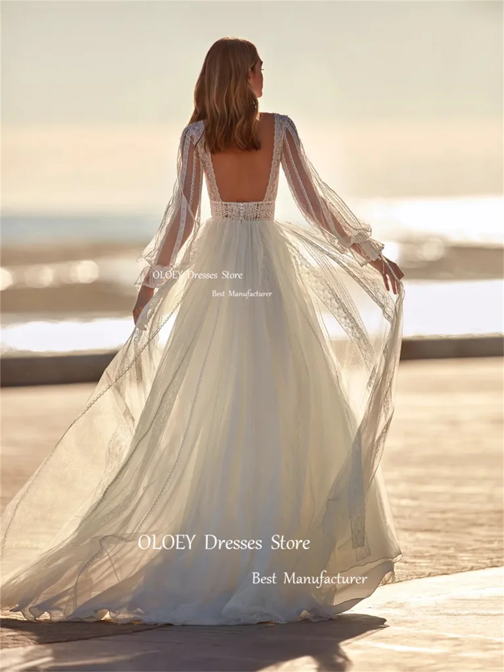 OLOEY Exquisite Lace A Line Wedding Dresses Beach Photoshoot Backless Bridal Gowns Long Sleeves Floor Length Custom Made