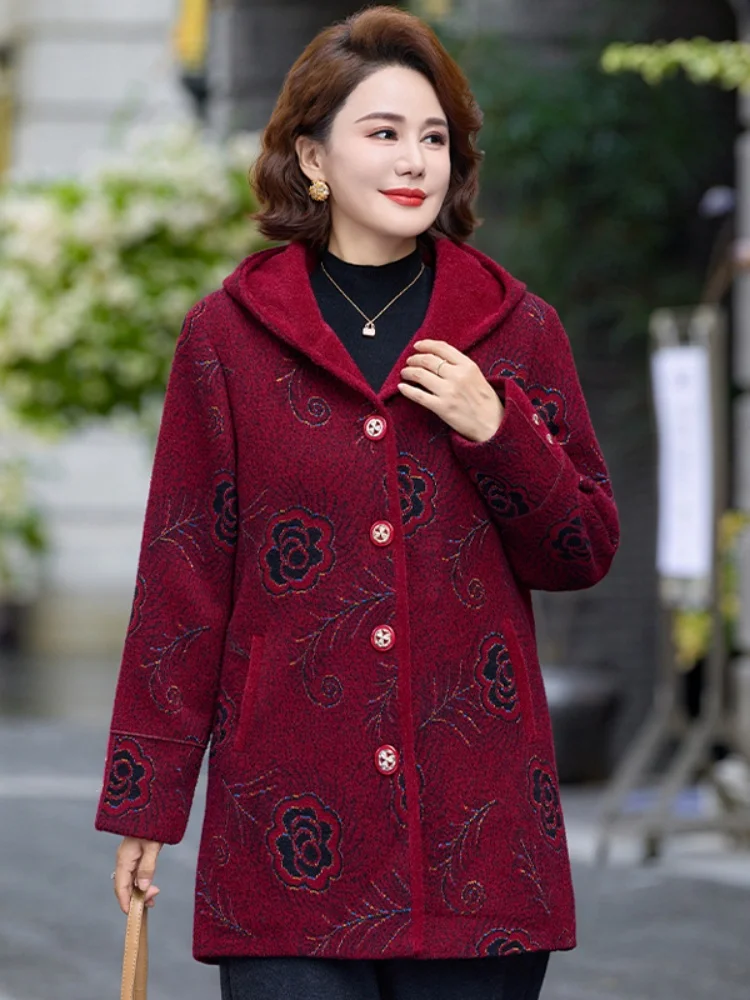 

Warmth Sli Mid-Length Cotton Fce Jaet with Hood for Mom Autumn Winter Polyester Fiber Casual Loose Fit Coat