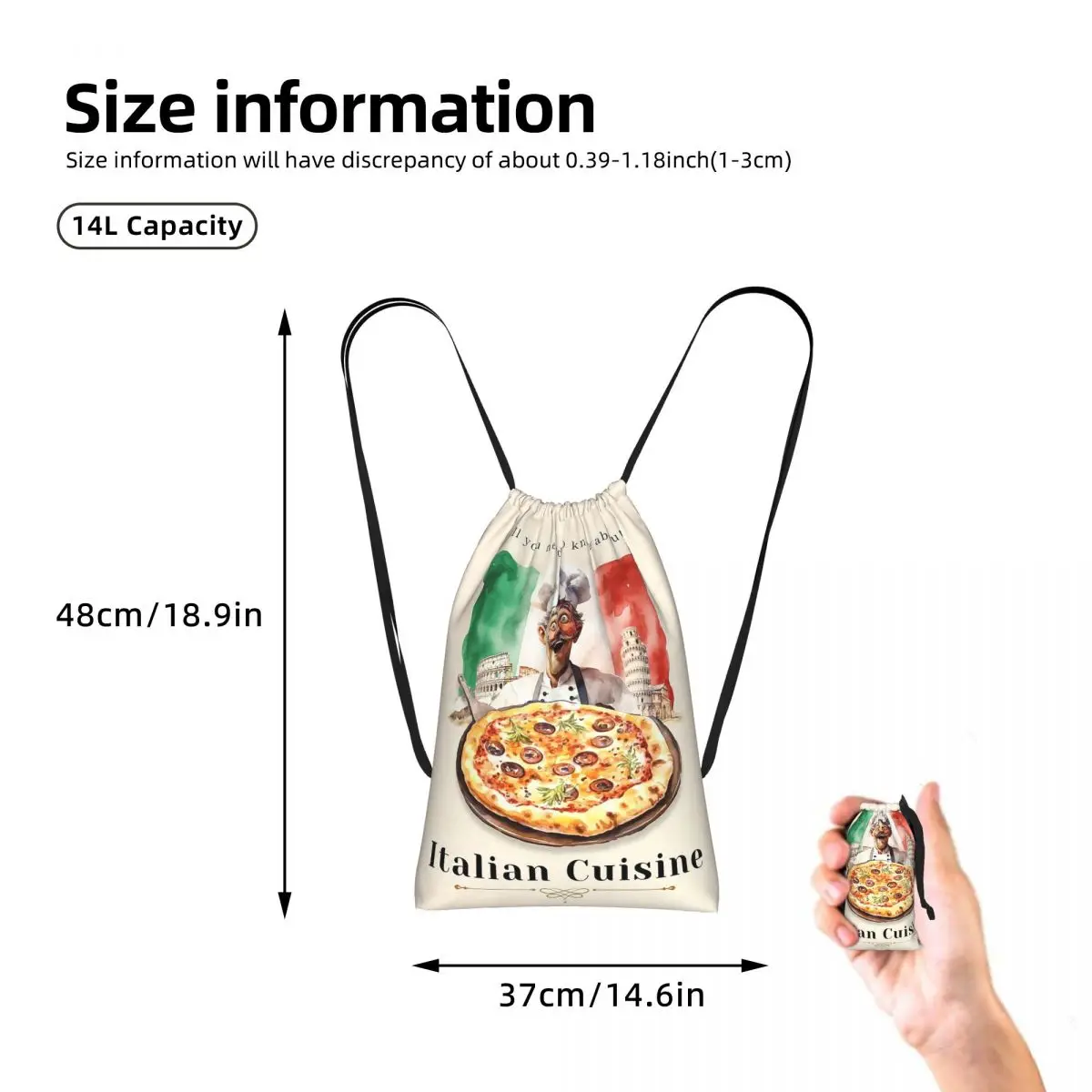 Italian Flag Pizza Drawstring Backpack Sports Gym Bag Lightweight Foldable Storage Drawstring Bag for Men Women