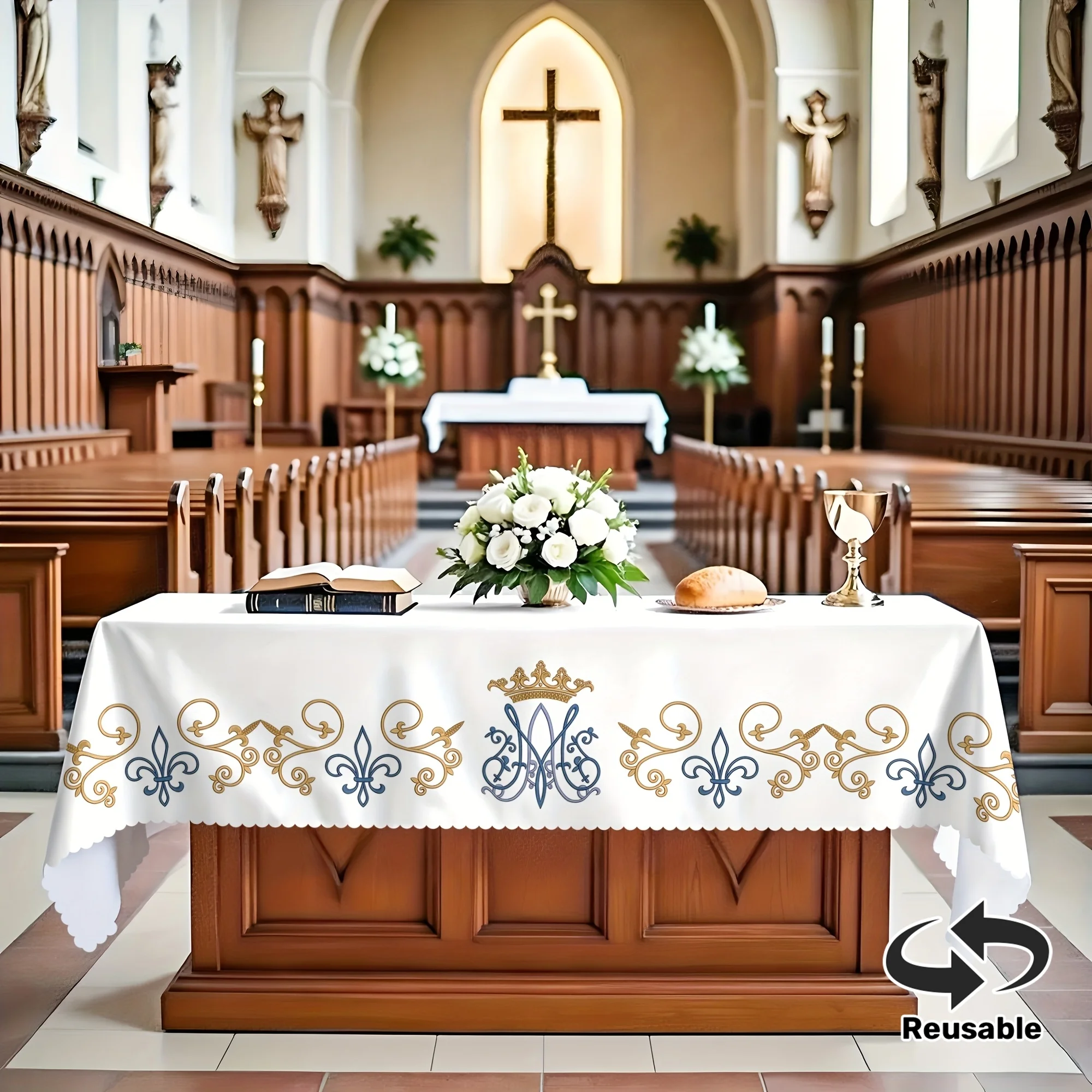 VIKAMA White Church Altar Tablecloth Gold Scroll Blue Fleur De Lis Crown Rectangular Sanctuary Cover for Wedding Liturgy