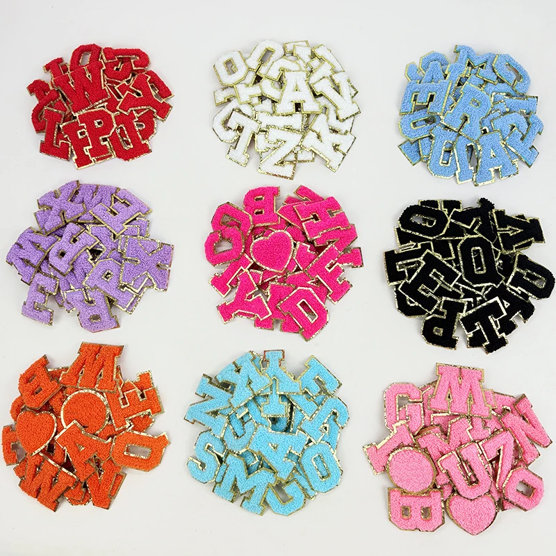 Color Letters Sticker Patch Alphabet Towel Embroidered Chenille Patches for Clothing Bags Jacket Stick on Accessories Applique