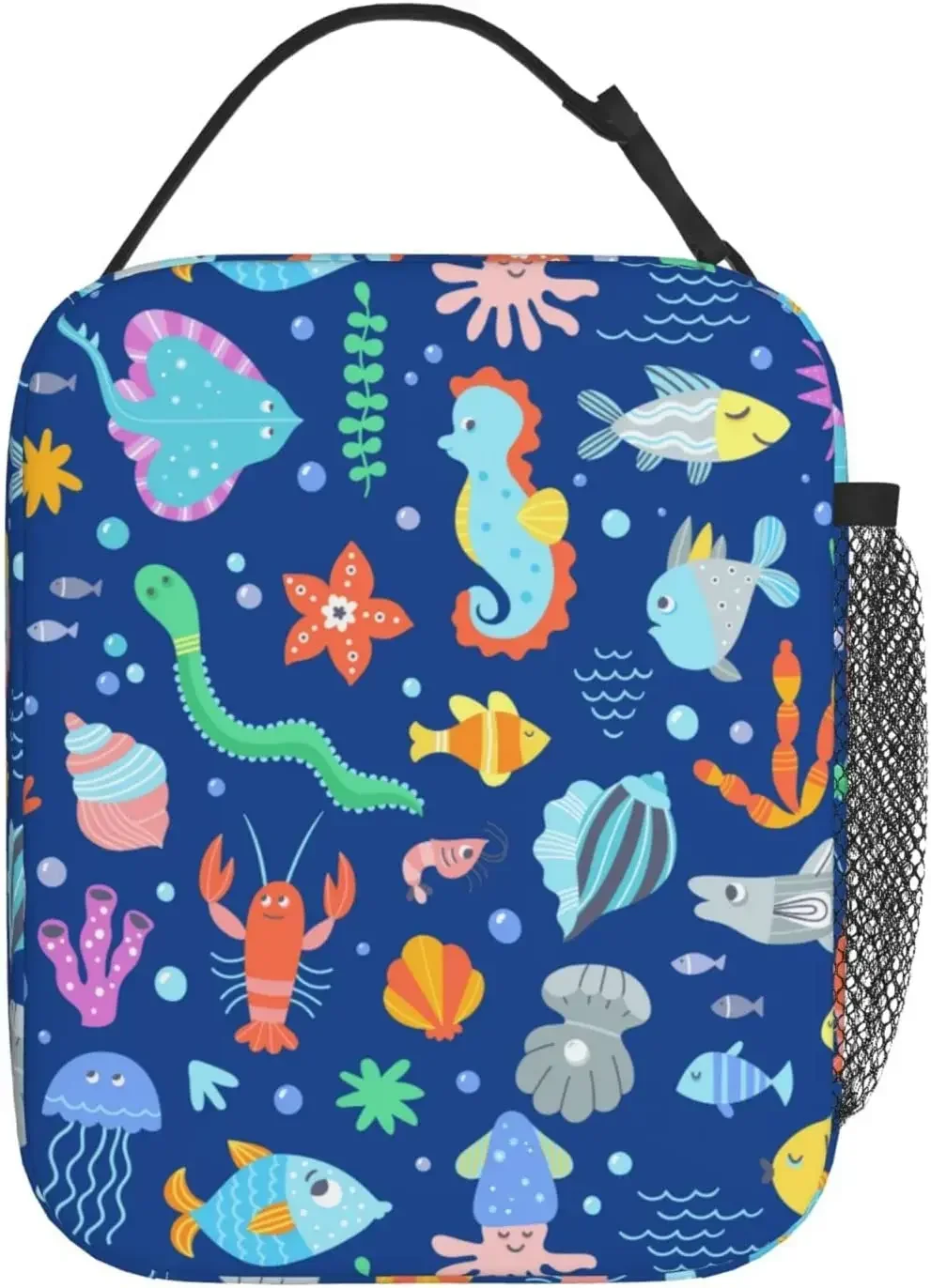 Fishes Sea Ocean Animal Cute Cartoon Lunch Bag Blue Insulated Reusable Lunch box Waterproof Portable Tote for Boys Girls Adults