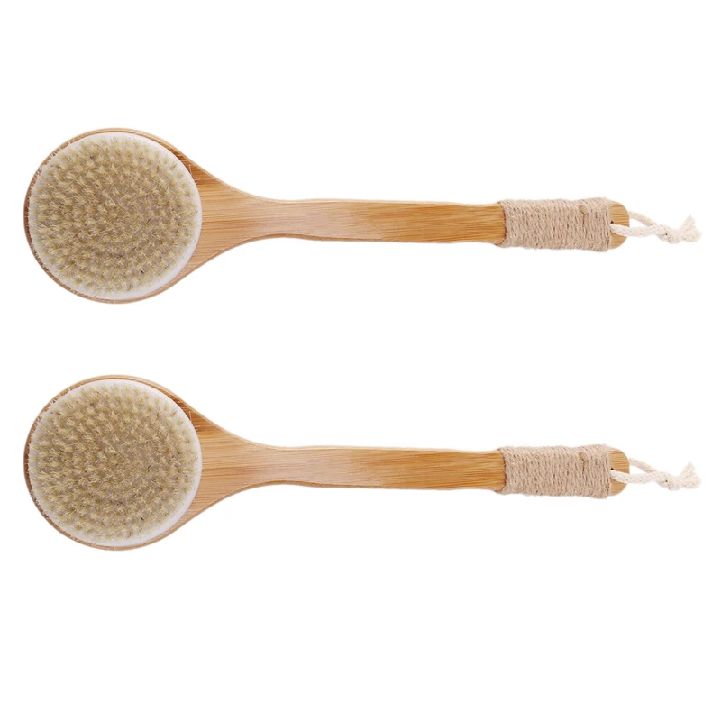 

2X Dry Skin Body Brush Bath Exfoliating Brush Natural Bristles Back Scrubber With Long Wooden Handle