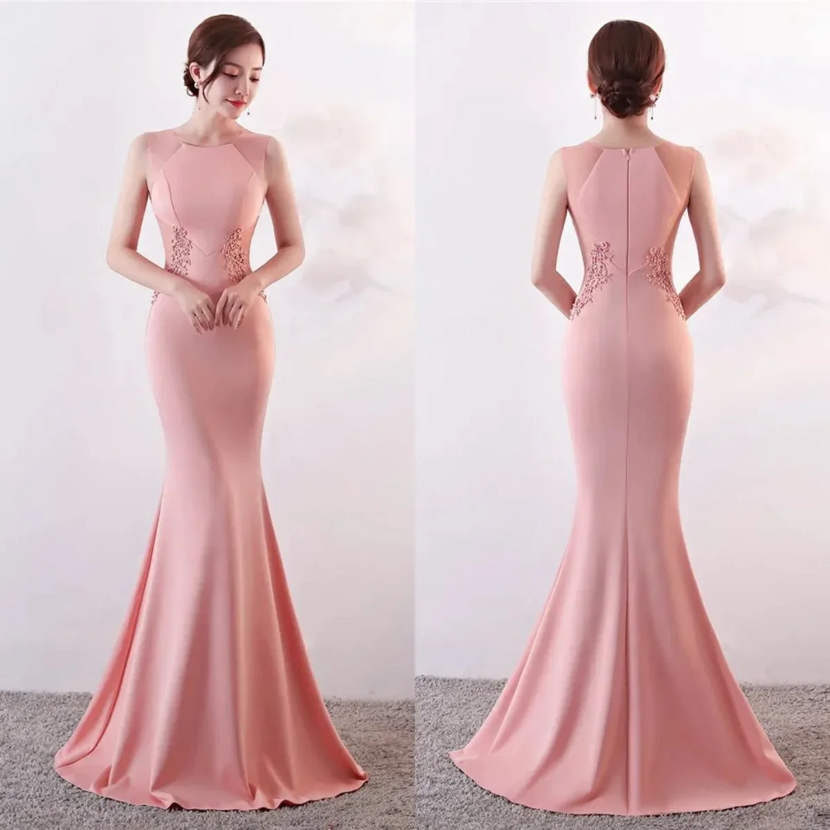 Evening Dress Pink Jersey Sexy O-neck Sleeveless Mermaid Trumpet Floor Length Plus size Customizied Women Party Formal Gown