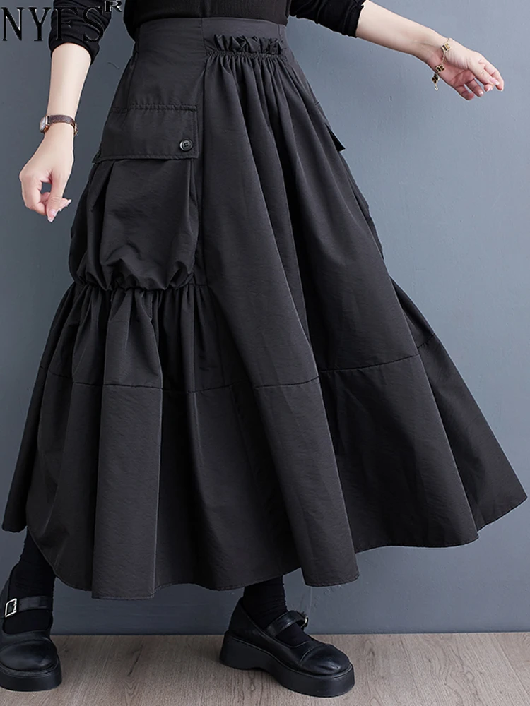 

NYFS 2023 Autumn New Vintage Women Skirts Faldas Mujer Saias Loose Plus Size High Waist Patchwork Big pocket Long Skirt