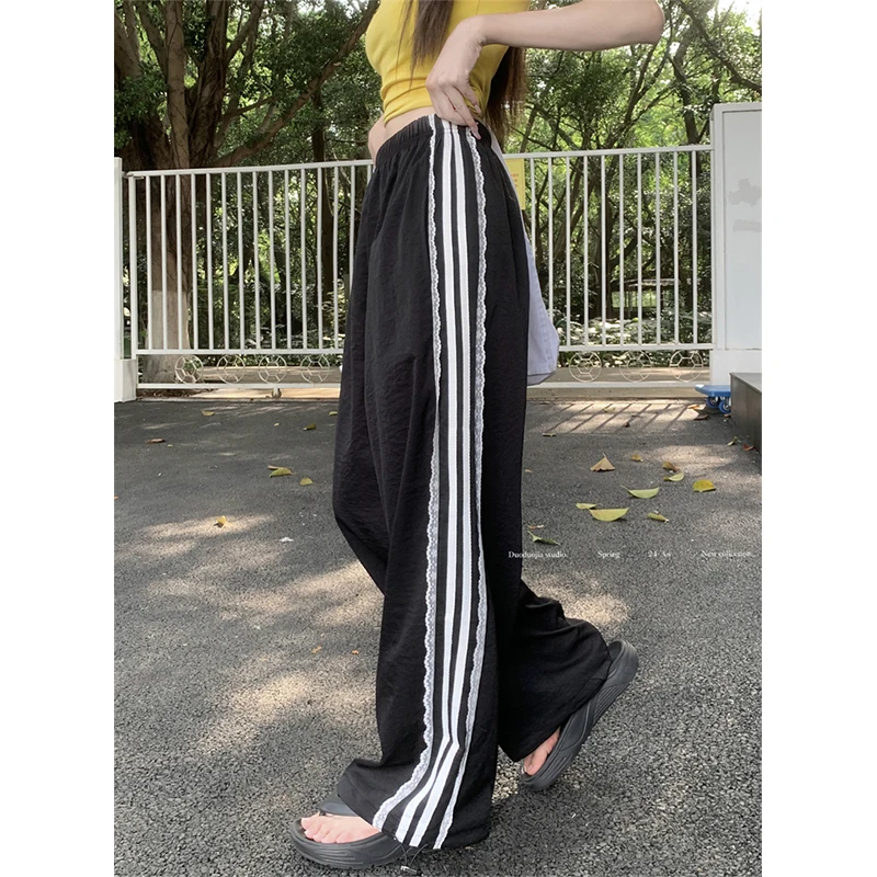 

American Black Vintage Drawstring Sweatpant Lace High Waisted Straight Wide Leg Pants Baggy Y2k Stripe Trouser Ladies Summer New