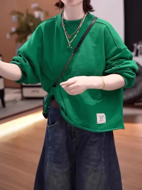 

Loose Korean Style round Neck Long Sleeve Sweatshirt Women's Casual Spring plus Size Versatile Comfortable Top