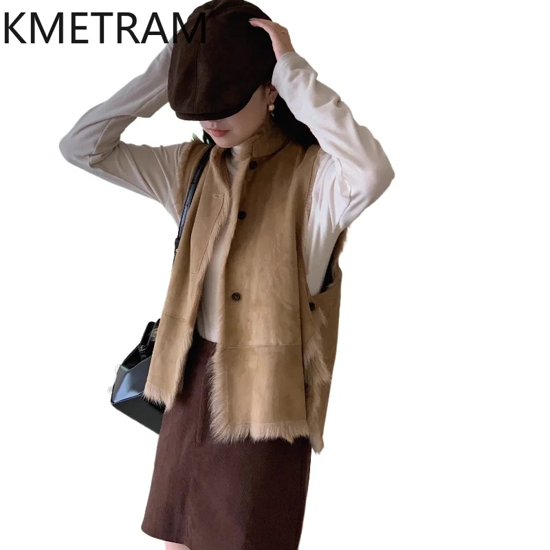 

KMETRAM 100% Natural Goat Sheepskin with Wool Atttached Fur Vest High Quality Short New 2025 Winter Woman Clothing vestes femmes