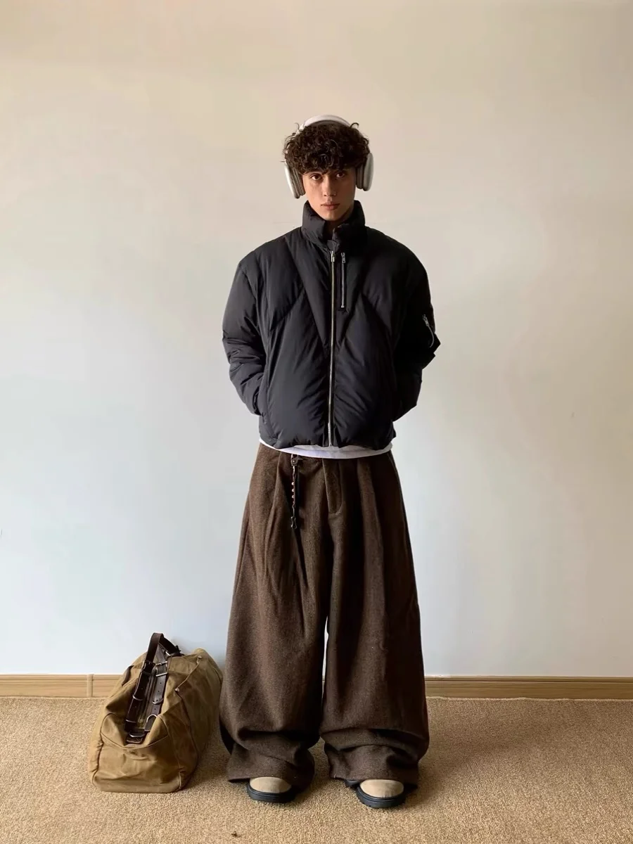 American Sle Winter Loose Fit Cotton Jaet for Men with Multiple Zippers Bla Stand Collar Casual Versatile Design Sensation