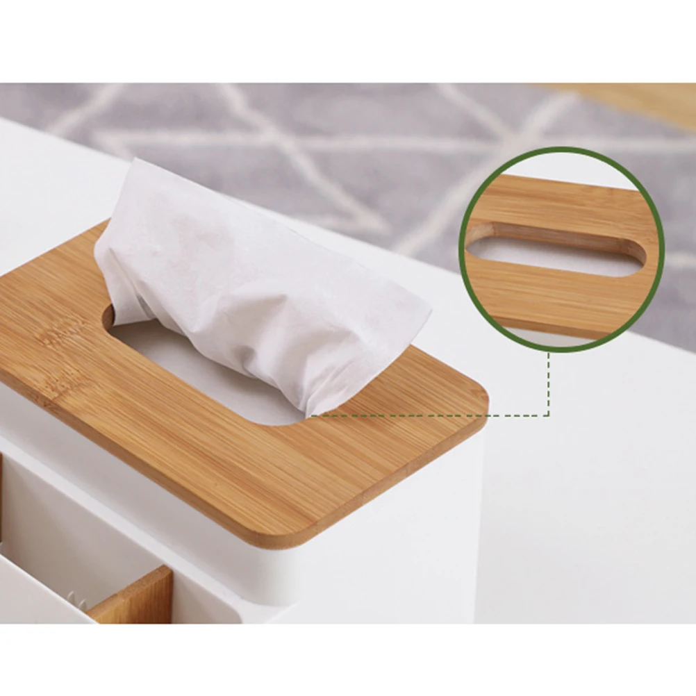 

Modern Style Carving Design Tissue Box Desktop Organizer With 3 Compartments For Cosmetics Glasses White