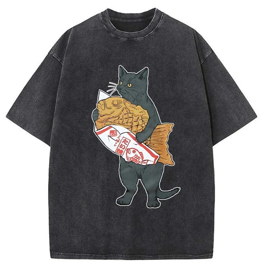 SOVOB Cat Holding Taiyaki Washed New in Top Tees Tee Shirt Homme Tshirt short sleeve Round Neck Printing Pullover T-Shirt 25451