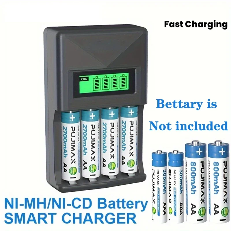 

1.2V Ni-Mh Battery Smart Charger, Suitable for AA/AAA 1.2V Rechargeable Ni-Mh Batteries, 4 -Slots, LED Display, Fast Charging